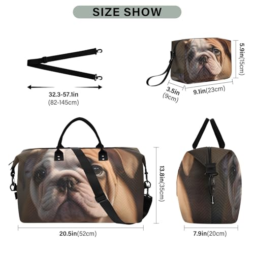 Large Travel Duffel Bag, Close Up Bulldog Sports Tote Gym Bag, Shoulder Weekender Overnight Bag for Women Men, Carry On Luggage with Toiletry Bags3