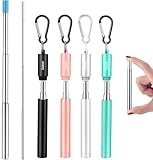 4 Pack Reusable Metal Straws Collapsible Stainless Steel Drinking Straw Travel Portable Telescopic Straw with Case for Cruise Ship Essentials Black-Rose Gold-Silver-Turquoise