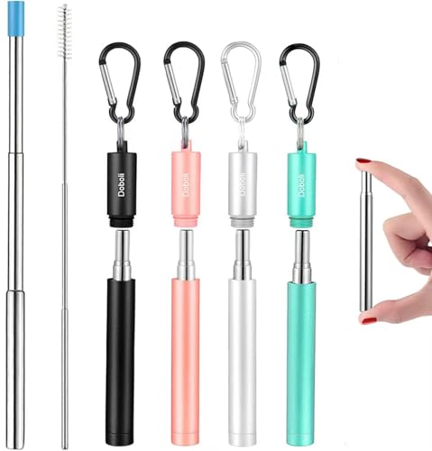 4 Pack Reusable Metal Straws Collapsible Stainless Steel Drinking Straw Travel Portable Telescopic Straw with Case for Cruise Ship Essentials Black-Rose Gold-Silver-Turquoise