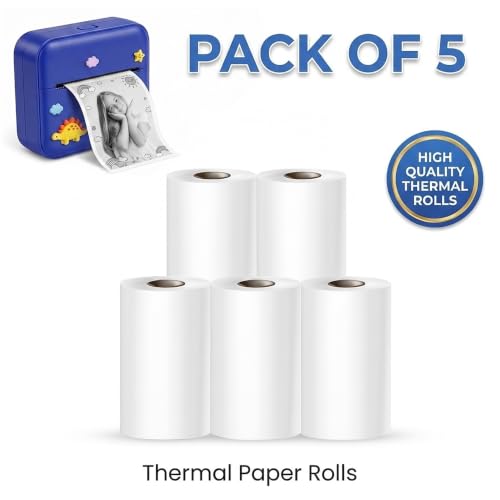 Image of GLUN Pack of 5 Mini Thermal Paper Rolls 57 mm x 5 meters, Non-Adhesive White Printing Paper for Kids Instant Camera, Portable Photo Printer & POS Billing