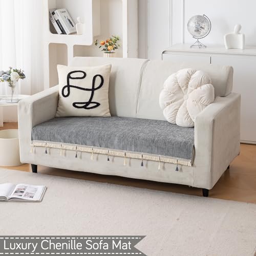 Image of HOKIPO 'Serenity Tassel' Chenille 2 Seater Sofa Cover with Tassel - Glacier Silver (IN-891-LGRY)
