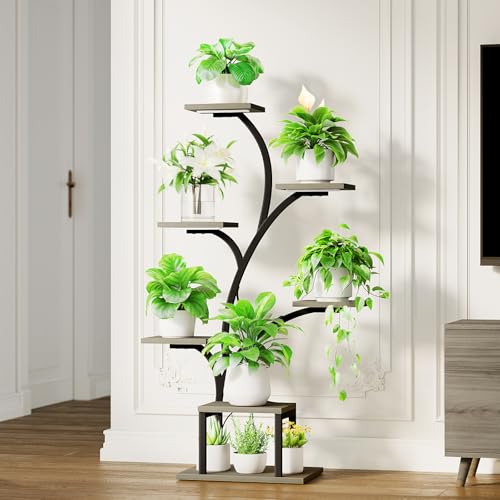 Image of BACEKOLL Plant Stand Indoor with Grow Lights, 7 Tiered Indoor Plant Shelf, 49 inch Corner Plant Stands for Indoor Plants, Metal Plant Flower Display Shelf, Tree-Shaped Plant Rack for Home, Patio, Grey