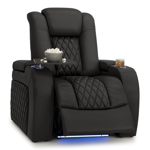 Image of Seatcraft Diamante Black Italian Leather Home Theater Seating, Zero Gravity Power Recliner Gaming and Home Office Chair, Powered Headrest Lounge Sofa Furniture for Cinema Room, Single Recliner