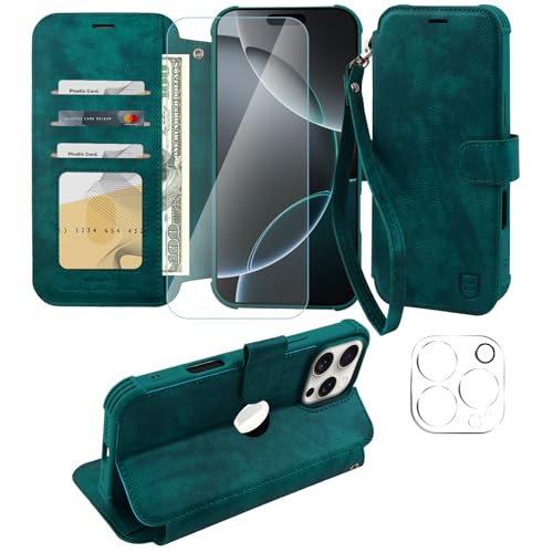 VANAVAGY Compatible for iPhone 16 Pro Max Wallet Case, 12ft Drop Protection, RFID Blocking PU Leather Flip Cover, Card Holder & Kickstand, Shockproof Phone Case for 16 Pro Max-6.9 Inch,Midnight Green by VANAVAGY - Used condition - CA$7.33
