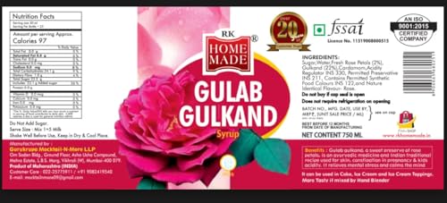 Image of RK HOME MADE NATURAL SYRUP Gulab Gulkand Syrup Concentrate Syrup & Squash 750ML | Gluten Free, 100% Vegan, Low Fat | Rose Flavoured Refreshing Drink for Home, Party & Summer Beverages