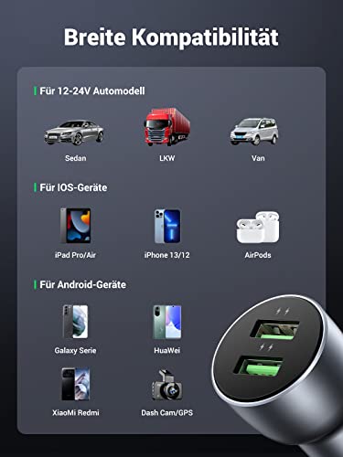 Kfz-Ladegerät Ugreen Zigarettenanzünder mit USB QC 3.0 und 1m Kabel