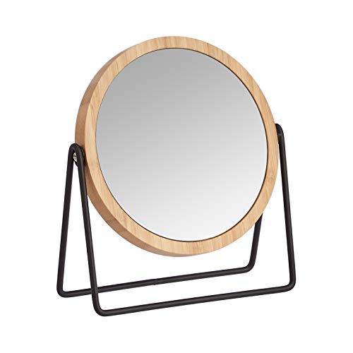 Amazon Basics Vanity Round Mirror with Bamboo Rim, Magnification, Tabletop Mount, Black, 7.2″L x 2.87 “W