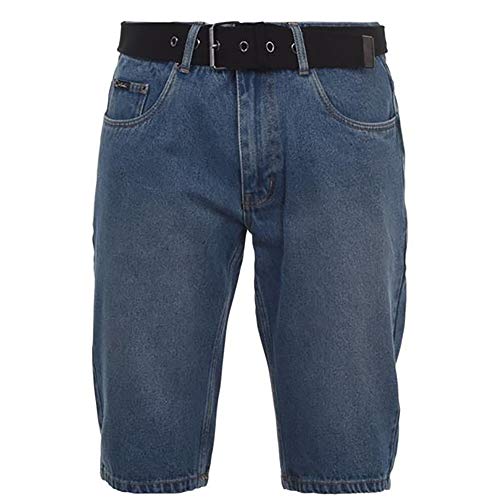 Pierre Cardin Mens New Season Denim Knee Length Shorts with Canvas Woven Belt (Large, Mid Wash)