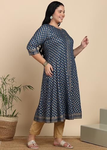 Image of Yash Gallery Women's Rayon Relaxed Fit A Line Golden Floral Printed A-Line Kurta
