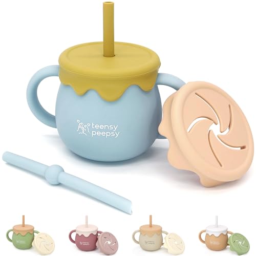 Image of teensy peepsy Honey Jar Pot 3-in-1 Silicone Training Cup 8.5oz, Baby Sippy Cup with Straw & Snack Lid for 6 months+ Straw Cup for Baby Boy Gift, Toddler Smoothie Drinkware (Honey Jar Blue)