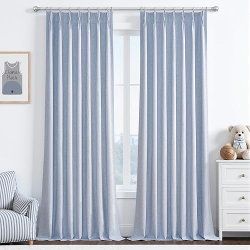 Image of DustyBlue 102 Inches Long Blackout Curtains for Kids Bedroom 2 Panels Set, Pinch Pleated Living Room Curtain Linen Thermal Coastal Drapes Floor to Ceiling Track Light Blue Decor (40 inchWx102 inchL)