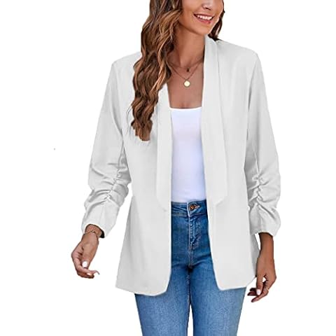 Bigeoosh Women's Blazers 3/4 Ruched Sleeve Open Front Lightweight Work Office Coat Blazer, White, Large Cover
