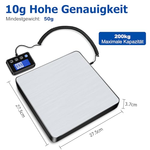 Hochpräzise Plattformwaage 200kg/10g mit Halte-/Tara-Funktion - Digitale Paketwaage aus Edelstahl mit LCD-Display, 4 Einheiten, Wandmontage & Dualer Stromversorgung - Ideal als Gepäckwaage für Lager