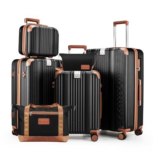 Image of Luggage Set 6 Piece Luggage with PC+ABS Hardshell TSA Lock Spinner Wheels Carry on Lightweight Suitcase Cup Holder,YKK Zippers and Hoot(Black, 6 piece sets(14 /20 /24 /28 /DB /TB))