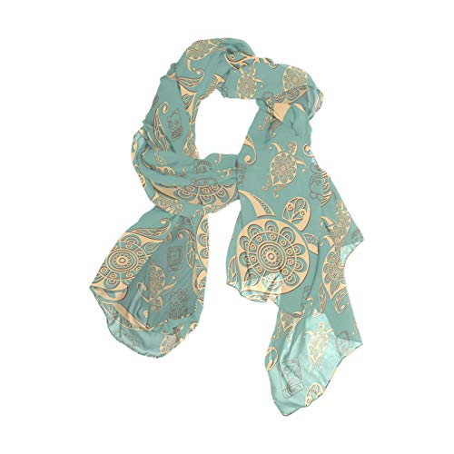Sea Turtle Tortoise Terrapin Enthic Boho Pattern Women Long Silk Scarf, Shawl Chiffon Large Stole Headscarf, Lightweight Sunscreen Satin Scarves Wraps for Wedding Party Gift