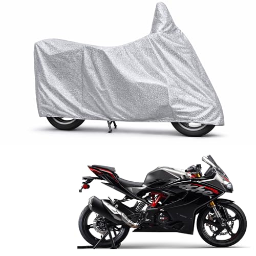 Image of 100% Waterproof Two Wheeler Body Cover Multi Layered Fabric Designed for TVS Apache RR310 | Belt Buckle Lock | Silver Mag
