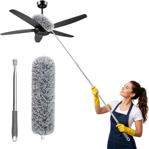 Image of Extendable Microfiber Duster for Ceiling Fans, 100 inch Long Telescoping Duster with Bendable Head, Cobweb Duster Cleaning Tool with Extension Pole for High Ceiling, Blinds, Furniture, Cars