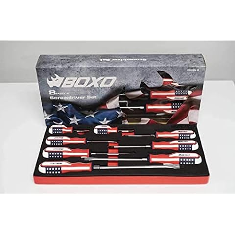 Boxo Limited Edition 8-teiliges Schraubendreher-Set mit amerikanischer Flagge - Spitze mit Schlitz, Kreuzschlitz in Standardlänge, Kreuzschlitz mit kurzer Länge Cover