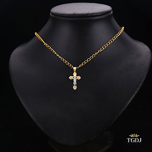 Solid 14K Two Tone Gold Crucifix Pendant - Jesus Engraved In Linear Cross Charm - Christian Pendant Jewelry - Suitable For Men & Women For All Occasions, 27 Mm X 16 Mm, 1.7 Grams #TOP2
