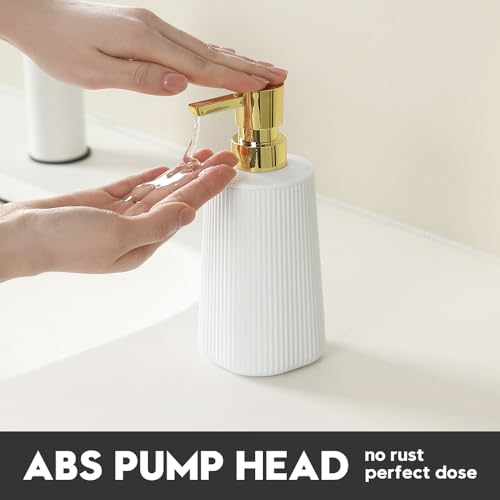 Image of Small Soap Dispenser for Bathroom and Kitchen, Modern Farmhouse Striped Style Plastic Hand Soap Dish Soap Dispenser with Pump Matte White and Gold