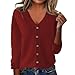 V Neck Button Up Knit Cardigan Sweaters for Women Long Sleeve Lightweight Cozy Sweater Jacket Cute No Hood Sweater (Wine Red,Medium)