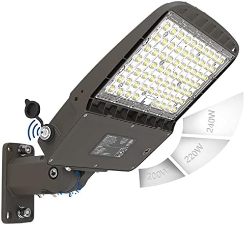 HiBay MAX. 240W Parking Lot Lighting, Dusk to Dawn LED Flood Light Outdoor, 5000K 38400LM (160LM/W), Wall Pole Mount Shoebox Lights with Adjustable Arm for Yard Street Roadway, ETL Listed