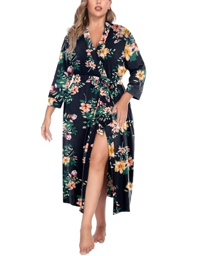Image of IN'VOLAND Womens Plus Size Kimono Robes Long Knit Bathrobe V Neck Ladies Loungewear Lightweight Soft Sleepwear 1X-5X