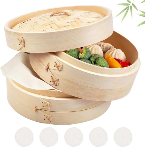 Dampfgarer Bambus,2 Etagen Bambus-Dämpfer Mit Deckel, 5 Baumwolltüchern für Sim Sum Dumplings, Gemüse, Reis, Fleisch Und Fisch, Ø 20 cm Dampfgarer Bambus,2 Etagen Bambus-Dämpfer Mit Deckel, 5 Baumwolltüchern für Sim Sum Dumplings, Gemüse, Reis, Fleisch Und Fisch, Ø 20 cm