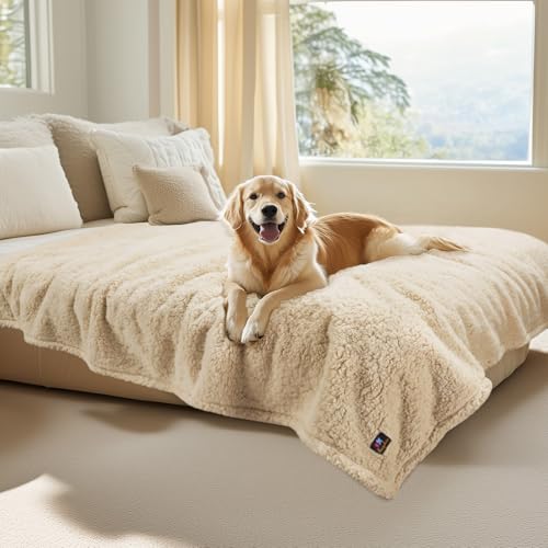 Luciphia Waterproof Pet Blanket for Medium Large Dogs Soft Cat Sherpa Calming Thick Cover Leakproof Cozy Puppy Sofa Bed Car Couch Protector(Beige,80x63 inches)