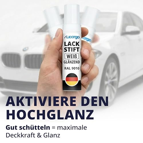 LICARGO Lackstift Weiß Glänzend – Präziser Pinsel für kleine Kratzer & Steinschläge – Hohe Deckkraft, schnelle Trocknung – Weißer Lackstift Auto, Autolack Weiß, Emaille Reparaturset, Made in Germany