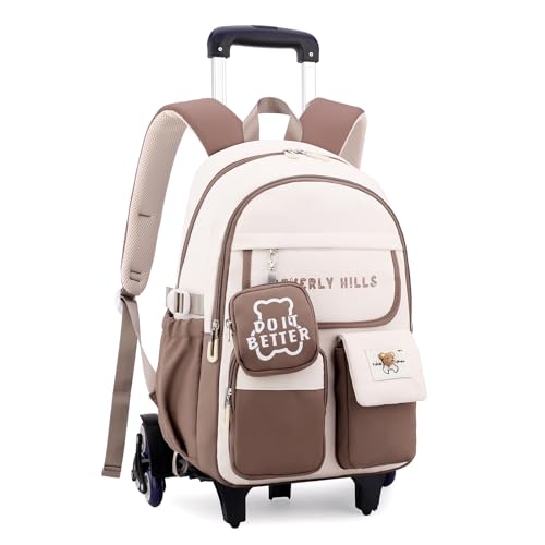 IvyH Sac à Dos à Roulettes pour Enfants, Cartable a Roulettes fille Primaire Sac D'école 6 Roues Chariot pour Garçons Filles -Marron