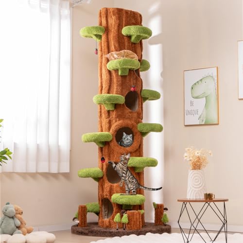 Image of PETSITE 90.5 Inch Tall Cat Tree, Tree-Like Modern Cat Tower with Sisal Scratching Pad, Five Cat Condos, Cute Hanging and Spring Toys, Large Cat Tree Tower for Indoor Cats (Brown)
