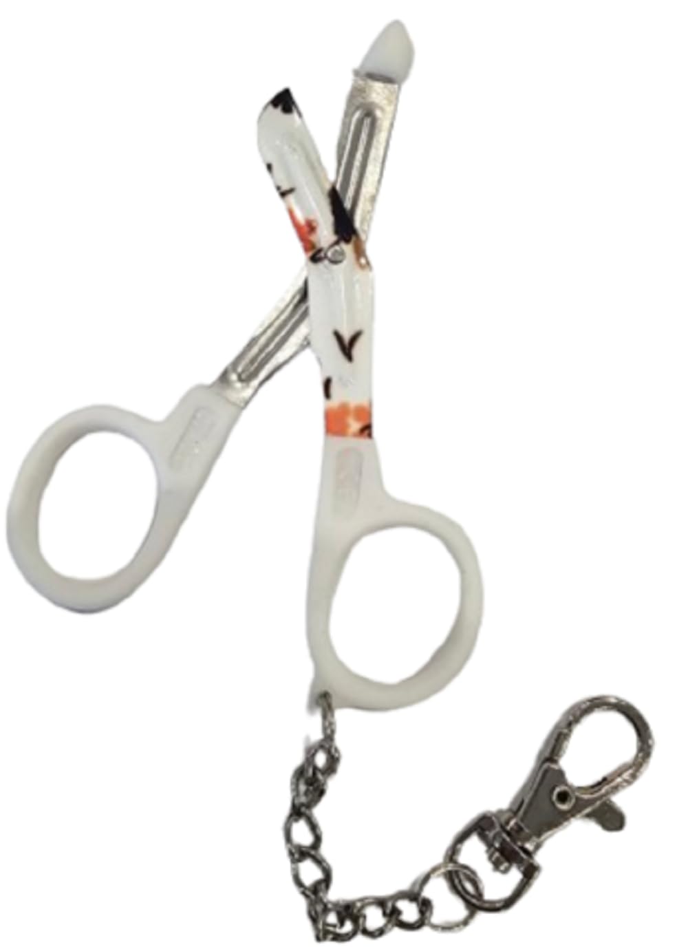 Novelty Nurse Mini Utility Scissors with Clip and Chain - White Handle with Flower Design Blades, White (Handle), Flower (Blades)