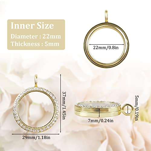 WANDIC Rhinestone Photo Charms, 4 pieces Gold Round Memory Locket Pendant Bridal Wedding Bouquet Charms for Photo or Decoration 30mm - Image 2