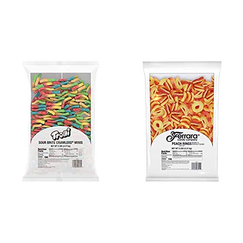 Trolli Sour Brite Crawlers Gummy Worms, 5 Pound Bulk Candy Bag Sour Gummy Worms & Peachie O's Sour Gummy Rings Candy, 80 Ounce (Pack of 1) Resealable Bulk Candy Bag