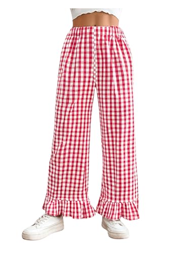 MakeMeChic Women's Y2K Gingham Wide Leg Pants Elastic Waist Ruffle Hem Loose Trousers Loungewear3