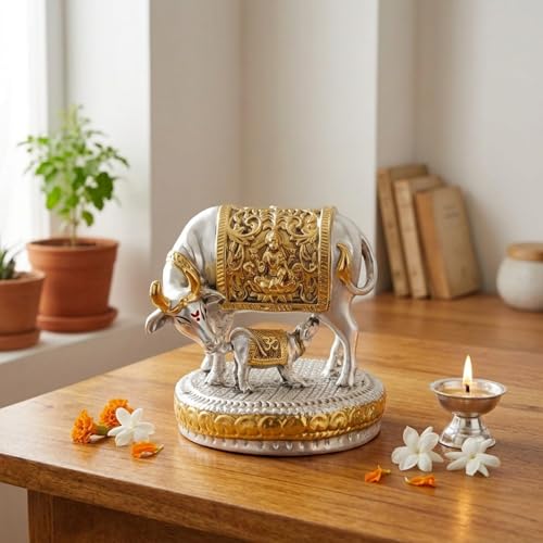 Image of eCraftIndia Silver Golden Plated Kamdhenu Cow with Calf Idol | Auspicious Vastu Home Decor for Pooja Room and Mandir | Cow and Calf Statue Gift for Diwali Krishna Janmashtami Housewarming Birthday