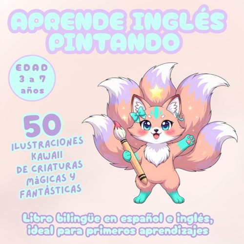 Aprende inglés pintando: Libro bilingüe en español e inglés, ideal para primeros aprendizajes. 50 ilustraciones kawaii de seres mágicos y fantásticos.