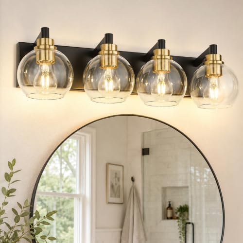 Image of Bathroom Light Fixtures, 4-Light Black and Gold Bathroom Vanity Light, 26 Inch Modern Wall Sconces with Globe Clear Glass Shade, Vanity Lighting Fixtures Over Mirror, VL195-KG-4