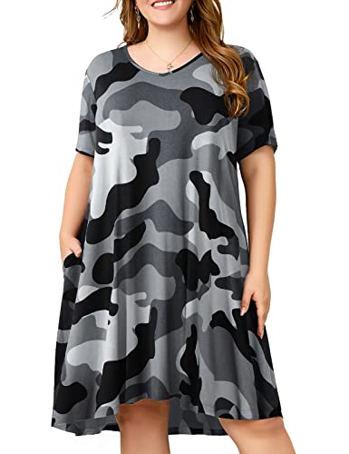 Image of OVERWORETY Womens Short Sleeve Plus Size T-Shirt Dress V Neck Casual Loose Swing A-Line Summer Tunic Dresses with Pockets