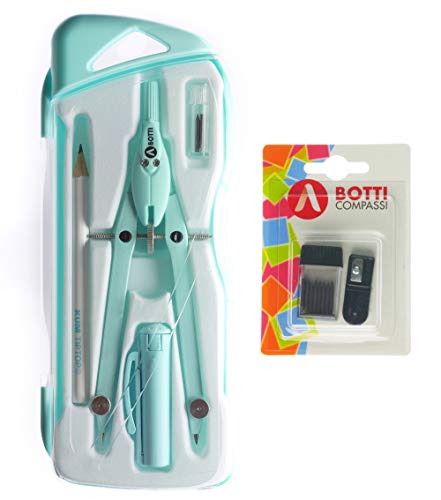 BOTTI Pastel - Juego de 6 compás de metal profesional, lápiz, sacapuntas con recogedor y minas extra con sacapuntas para escuela media primaria superior, fabricado en Italia (Pastel Azul)