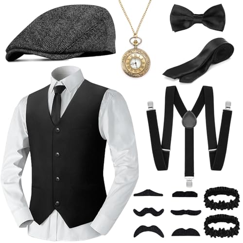 WEARXI 20er Jahre Herren Accessoires, Mafia Karneval Kostüm Herren, Peaky Blinders Kostüm, 20er Jahre Accessoires, Fasching Kostüme Hosenträger Kostüm Set Deko...