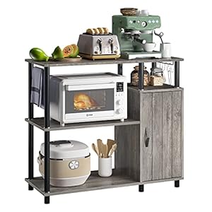 Bestier Kitchen Bakers Rack with Storage Industrial Microwave Oven Stand with Cabinet Coffee Station Kitchen Island Organizer Workstation with Hooks, Gray