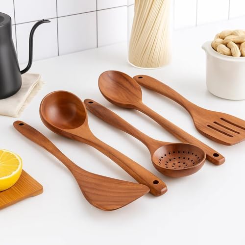 CERAMIC Wooden Spoons For Cooking 6 Piece Organic Bamboo Utensil Set With Holder Wood Kitchen Utensils Spatula Spoon For High Heat Stirring In Nonstick Pots & Pans Quality (Dark Brown)