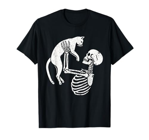 Esqueleto Vintage Sosteniendo Un Gato Blanco Halloween Camiseta