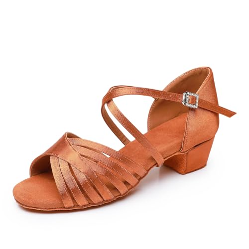 YCALCP Toddler Girls Latin Dance Shoes Low Heel Kids Salsa Ballroom Dancing Shoes Practice Professional Performance, EM-L1050-Brown-3cm, 6 M