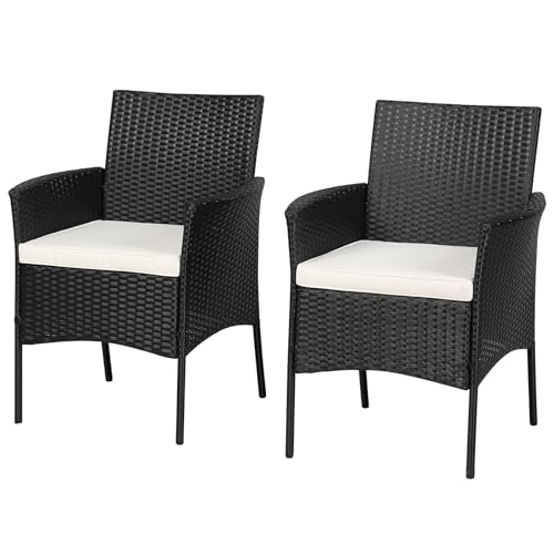 RELAX4LIFE Wicker Patio Chairs Set of 2, Indoor Outdoor PE Rattan Armchairs w/Cane Back, Seat Cushions for Bistro Porch Poolside, 360LBS Weight Capacity, 2 Pack Outdoor Dining Chairs (2, Black+Beige)