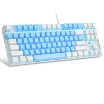 MageGee 75% Teclado mecânico para jogos com interruptor azul, teclado retroiluminado azul LED, teclado compacto TKL de 87 teclas para computador Windows Laptop PC Gamer - Azul/Branco