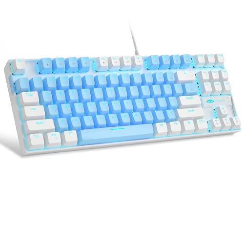 MageGee 75% Mechanical Gaming Keyboard with Blue Switch, LED Blue Backlit Keyboard, 87 Keys Compact TKL Wired Computer Keyboard for Windows Laptop PC Gamer – Blue/White