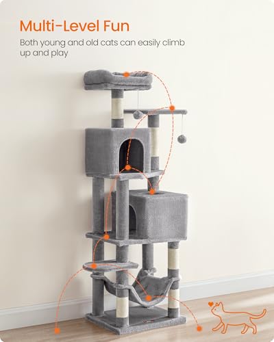 Image of Feandrea Cat Tree, 59.5-Inch Tall Cat Tower, Plush Multi-Level Condo with 5 Scratching Posts, 2 Perches, 2 Caves, Hammock, 2 Pompoms, Light Gray UPCT192W01